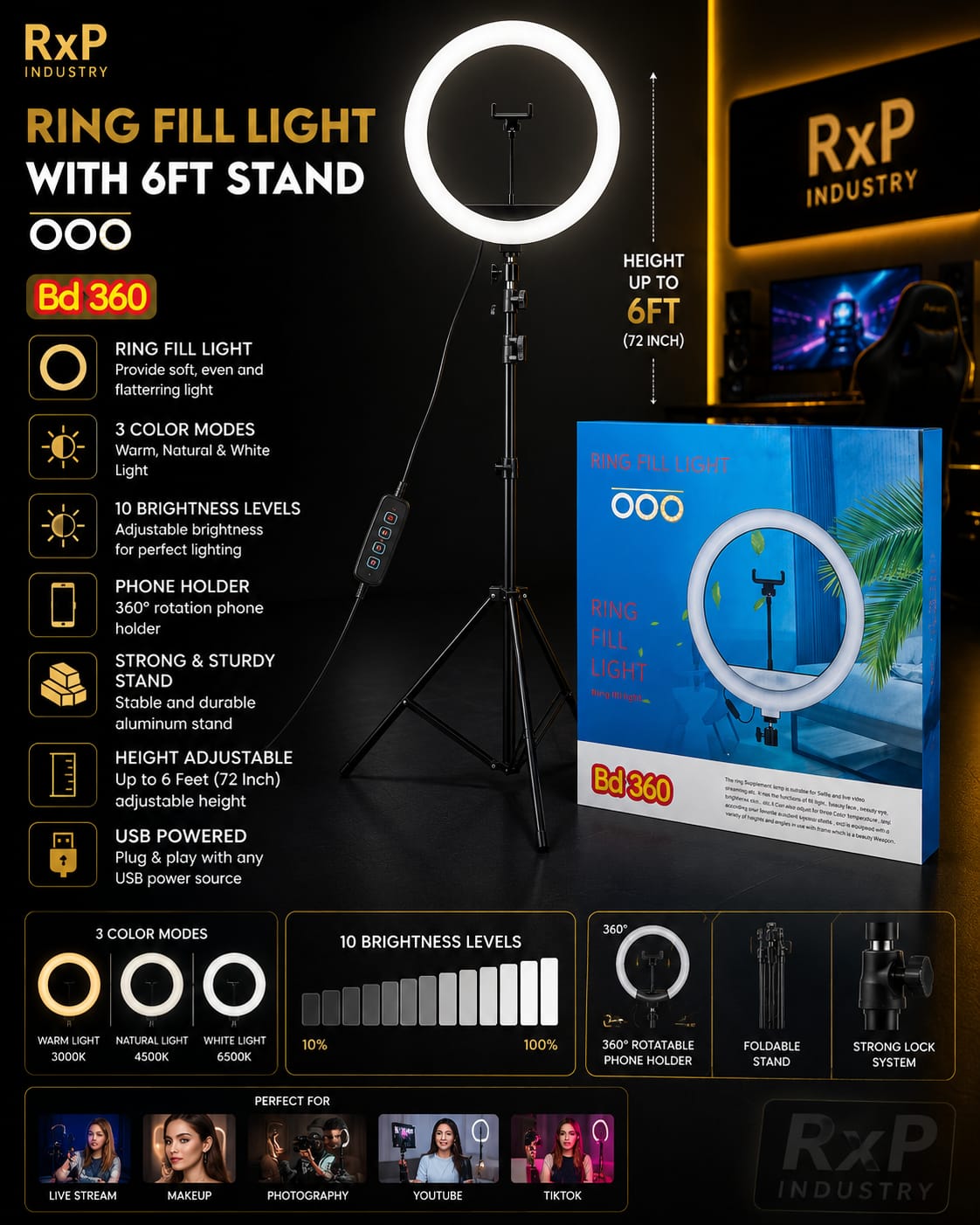 Ring Fill Light with 6FT Stand & Phone Holder – 3 Color Modes USB Powered