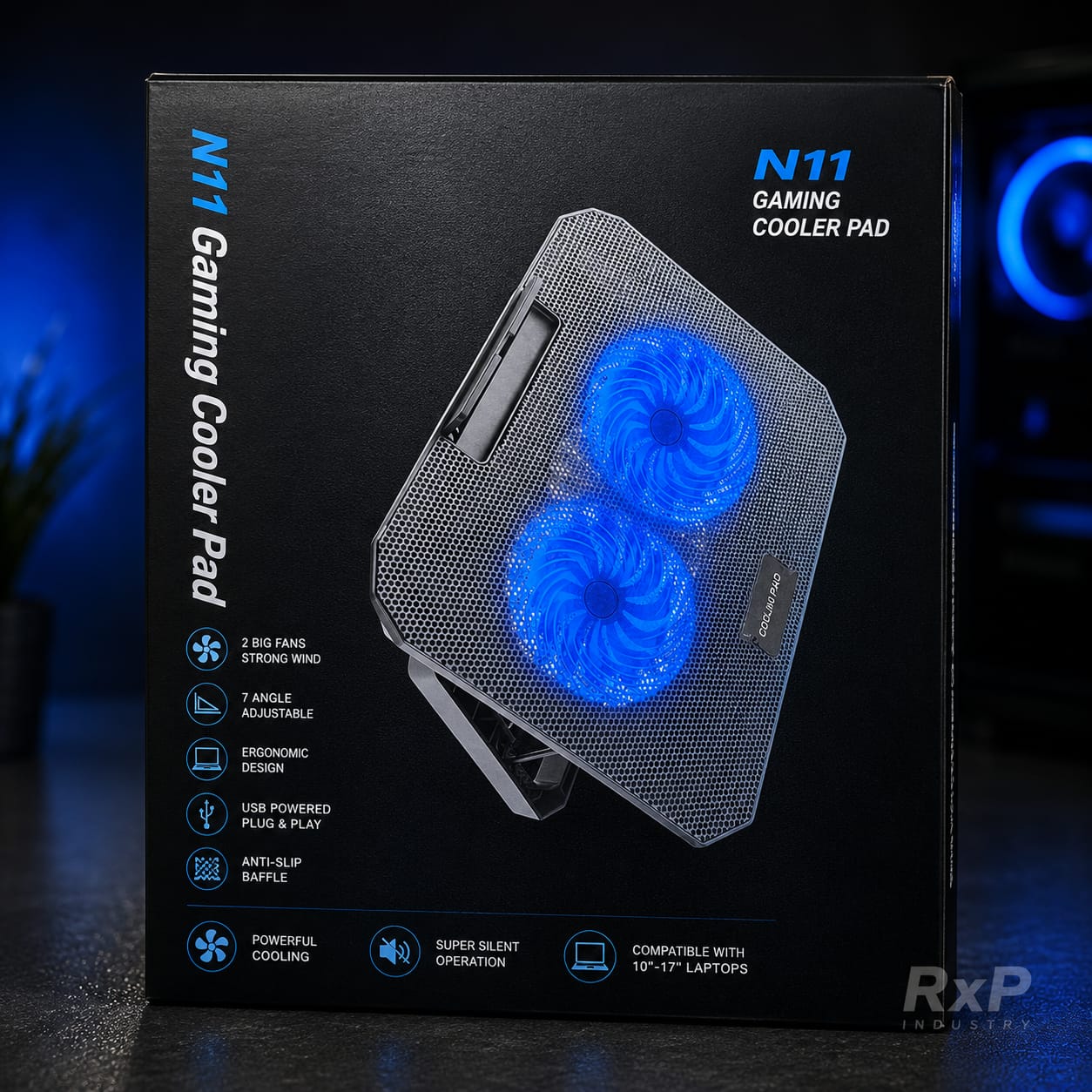 N11 Gaming Laptop Cooler Pad with Dual Blue LED Fans (10–17 Inch, USB Powered)
