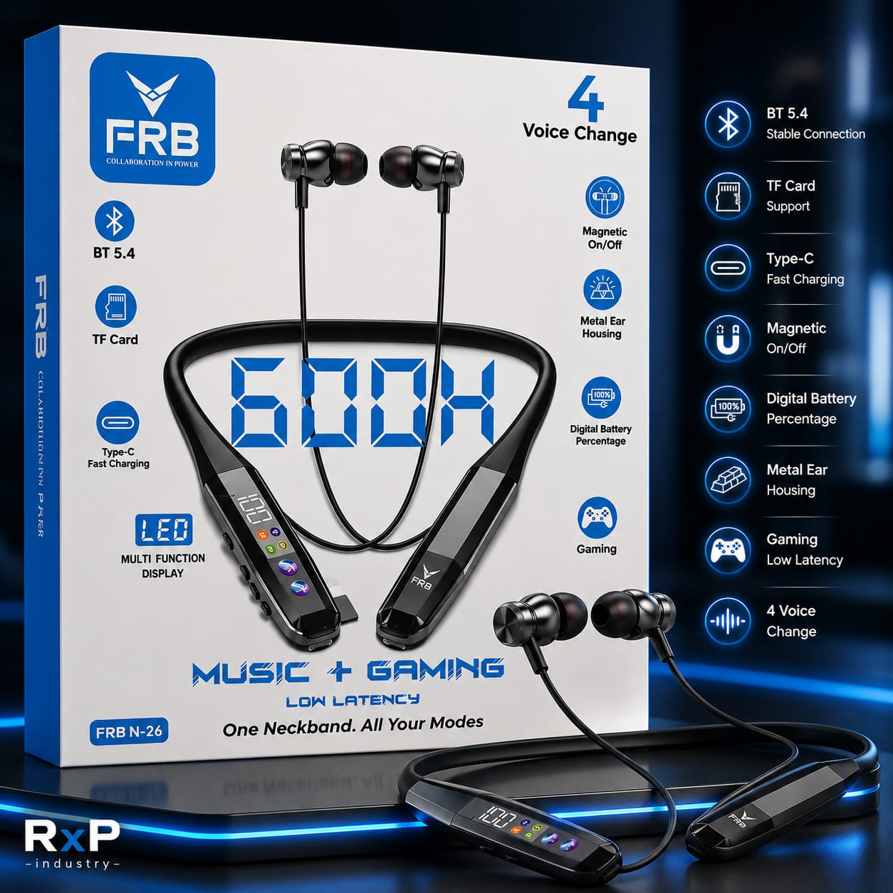 FRB N26 Wireless Gaming Neckband Bluetooth Earphones BT 5.4 Voice Change Type C