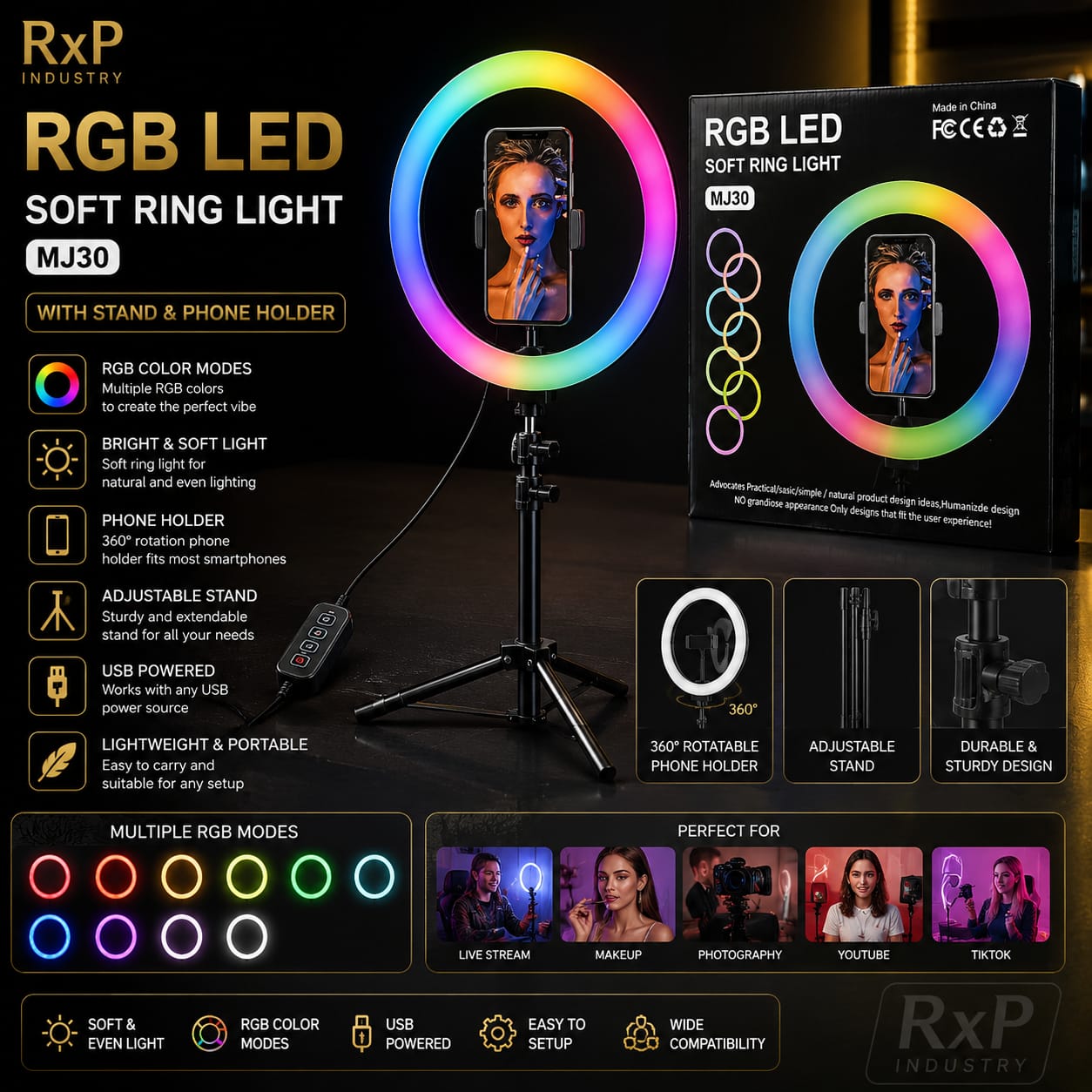 MJ30 RGB LED Soft Ring Light with Stand & 360° Phone Holder – USB Powered