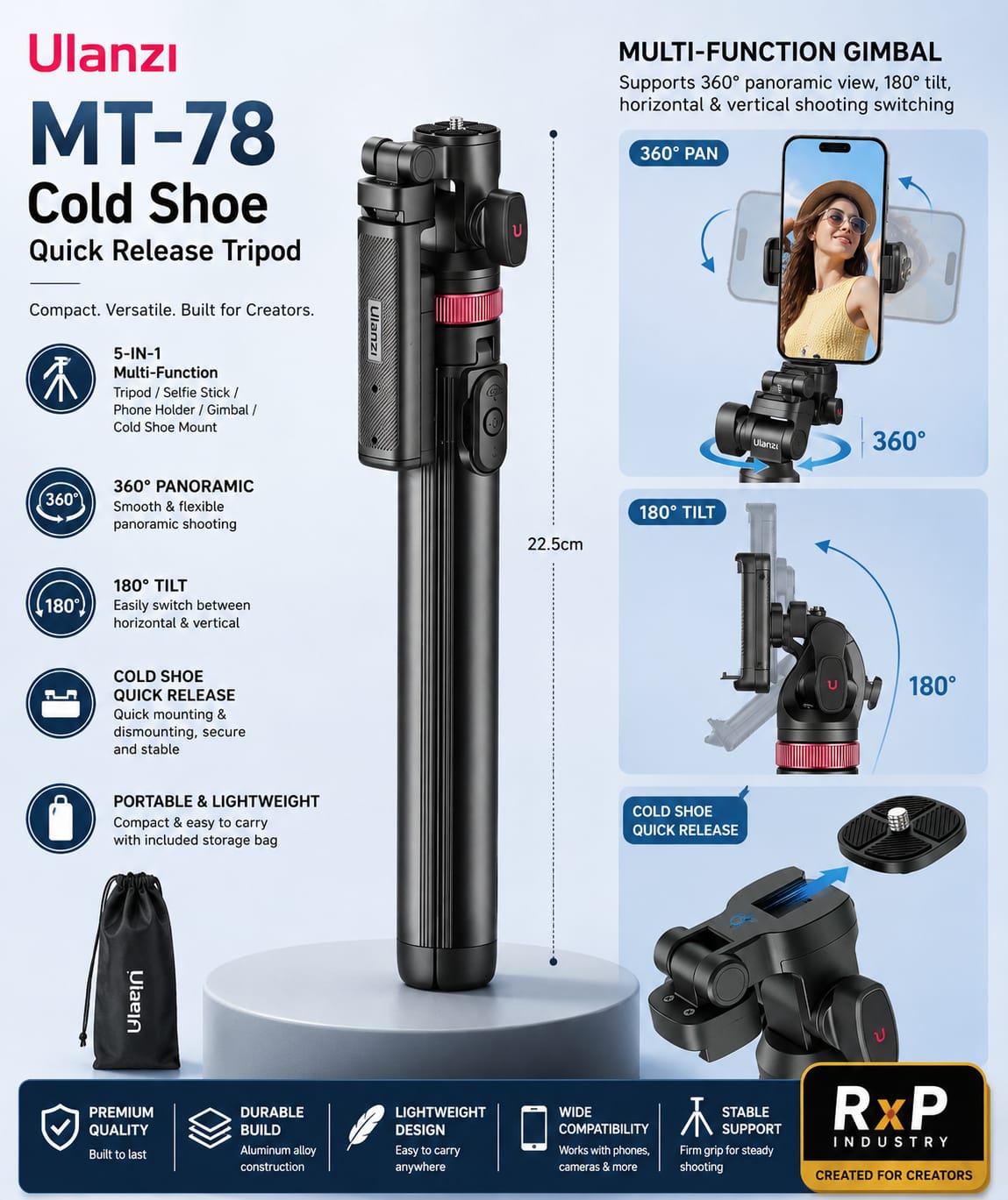 Ulanzi MT-78 5-in-1 Cold Shoe Quick Release Tripod with 360° Panoramic Rotation & 180° Tilt