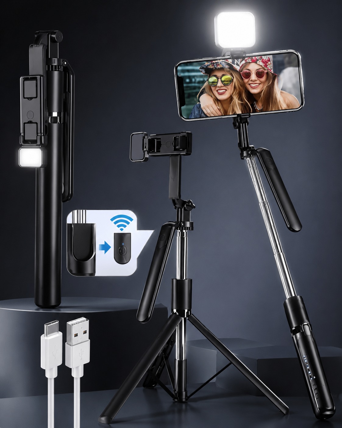 R16S Selfie Stick Tripod with LED Fill Light Bluetooth Remote 3 in 1 Extendable Phone Stand for Android & iPhon